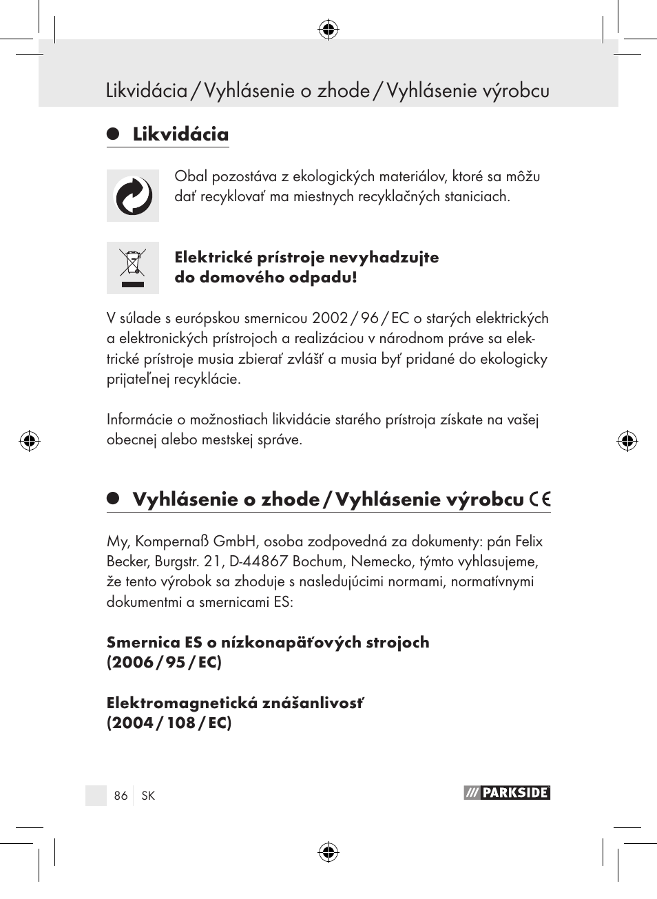 Likvidácia, Vyhlásenie o zhode / vyhlásenie výrobcu | Parkside PLP 100 A1 User Manual | Page 85 / 102