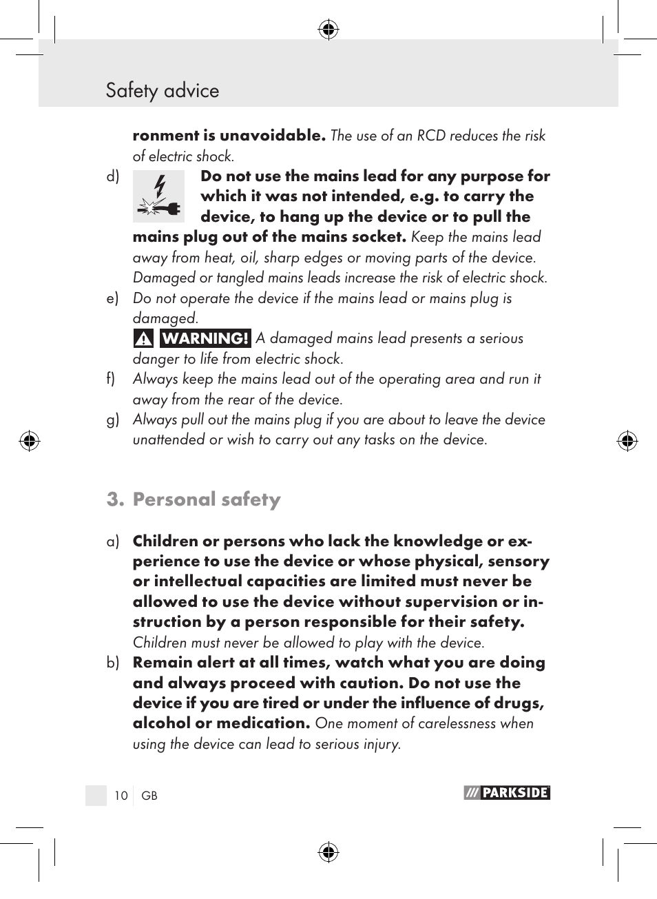 Safety advice, Personal safety | Parkside PLP 100 A1 User Manual | Page 9 / 102