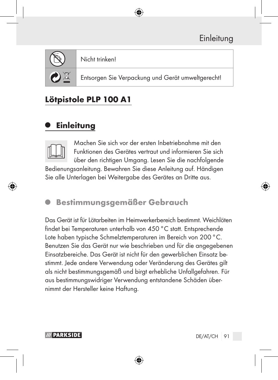 Lötpistole plp 100 a1, Einleitung, Bestimmungsgemäßer gebrauch | Parkside PLP 100 A1 User Manual | Page 90 / 102