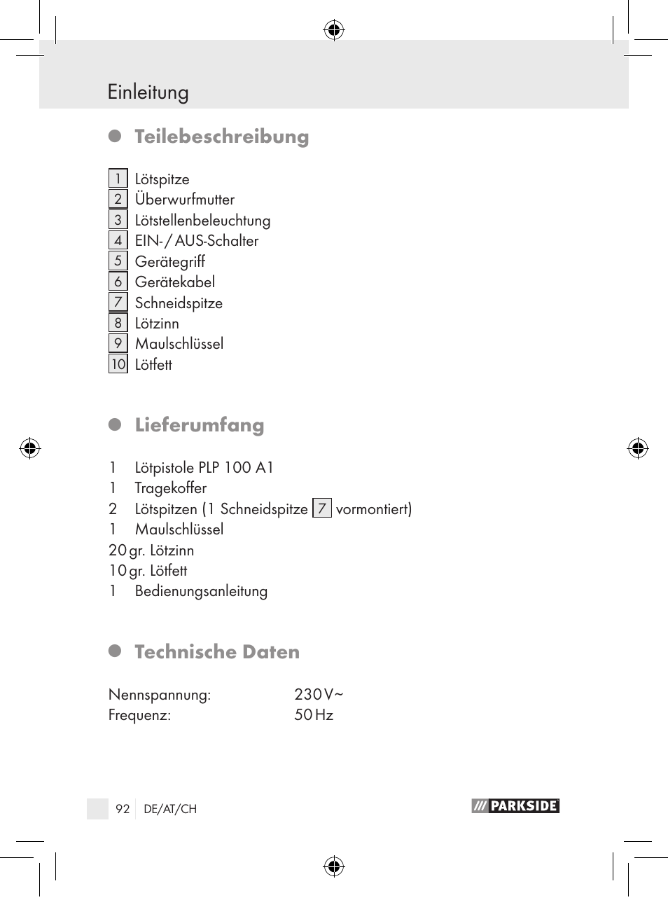 Einleitung, Teilebeschreibung, Lieferumfang | Technische daten | Parkside PLP 100 A1 User Manual | Page 91 / 102