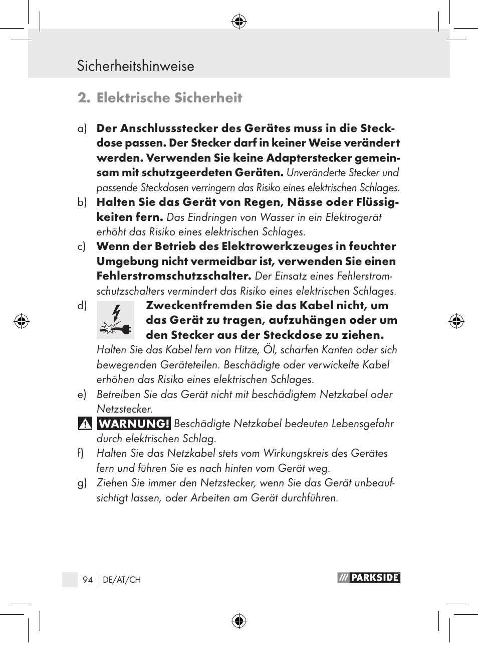 Sicherheitshinweise, Elektrische sicherheit | Parkside PLP 100 A1 User Manual | Page 93 / 102