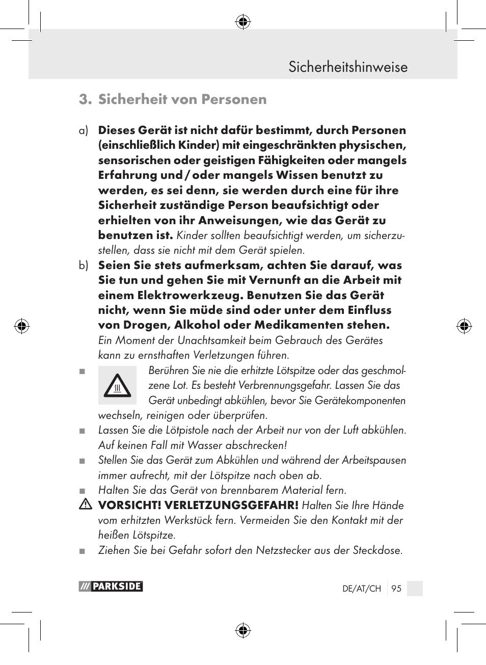 Sicherheitshinweise, Sicherheit von personen | Parkside PLP 100 A1 User Manual | Page 94 / 102