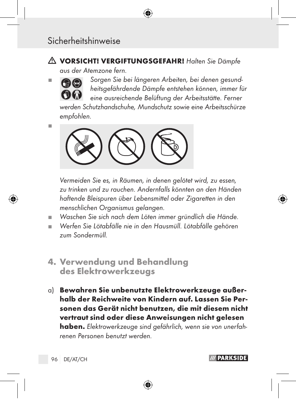 Sicherheitshinweise, Verwendung und behandlung des elektrowerkzeugs | Parkside PLP 100 A1 User Manual | Page 95 / 102