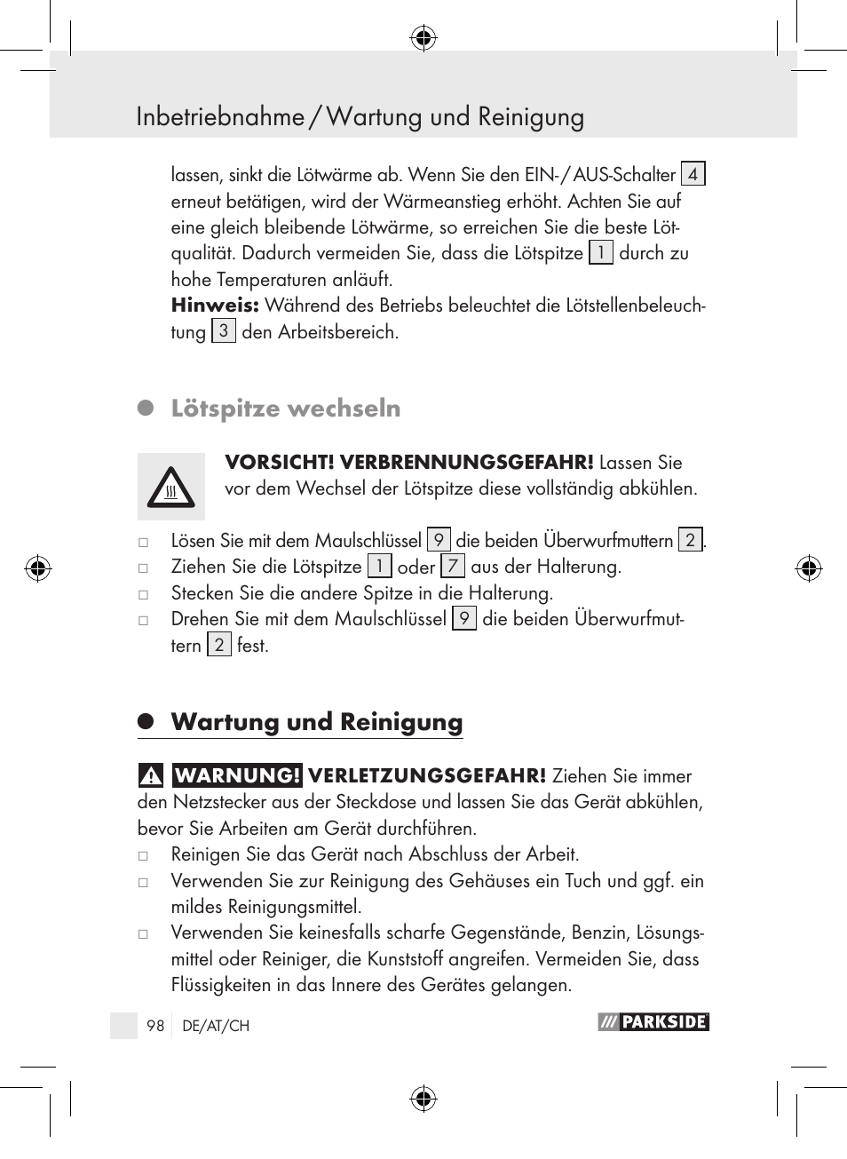 Inbetriebnahme / wartung und reinigung, Lötspitze wechseln, Wartung und reinigung | Parkside PLP 100 A1 User Manual | Page 97 / 102