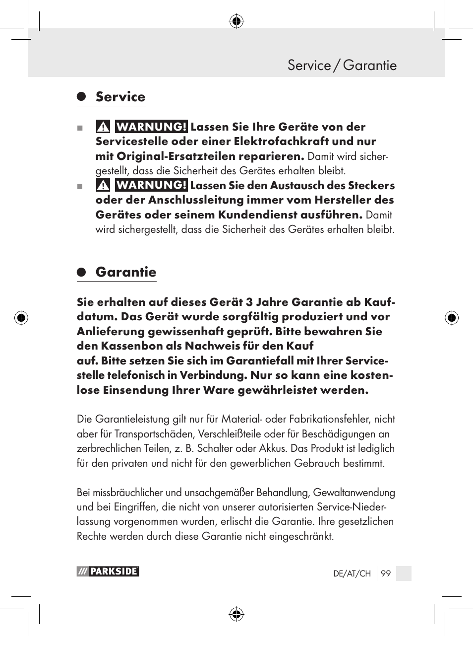 Service / garantie, Service, Garantie | Parkside PLP 100 A1 User Manual | Page 98 / 102