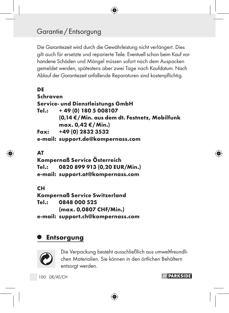 Garantie / entsorgung, Entsorgung | Parkside PLP 100 A1 User Manual | Page 99 / 102