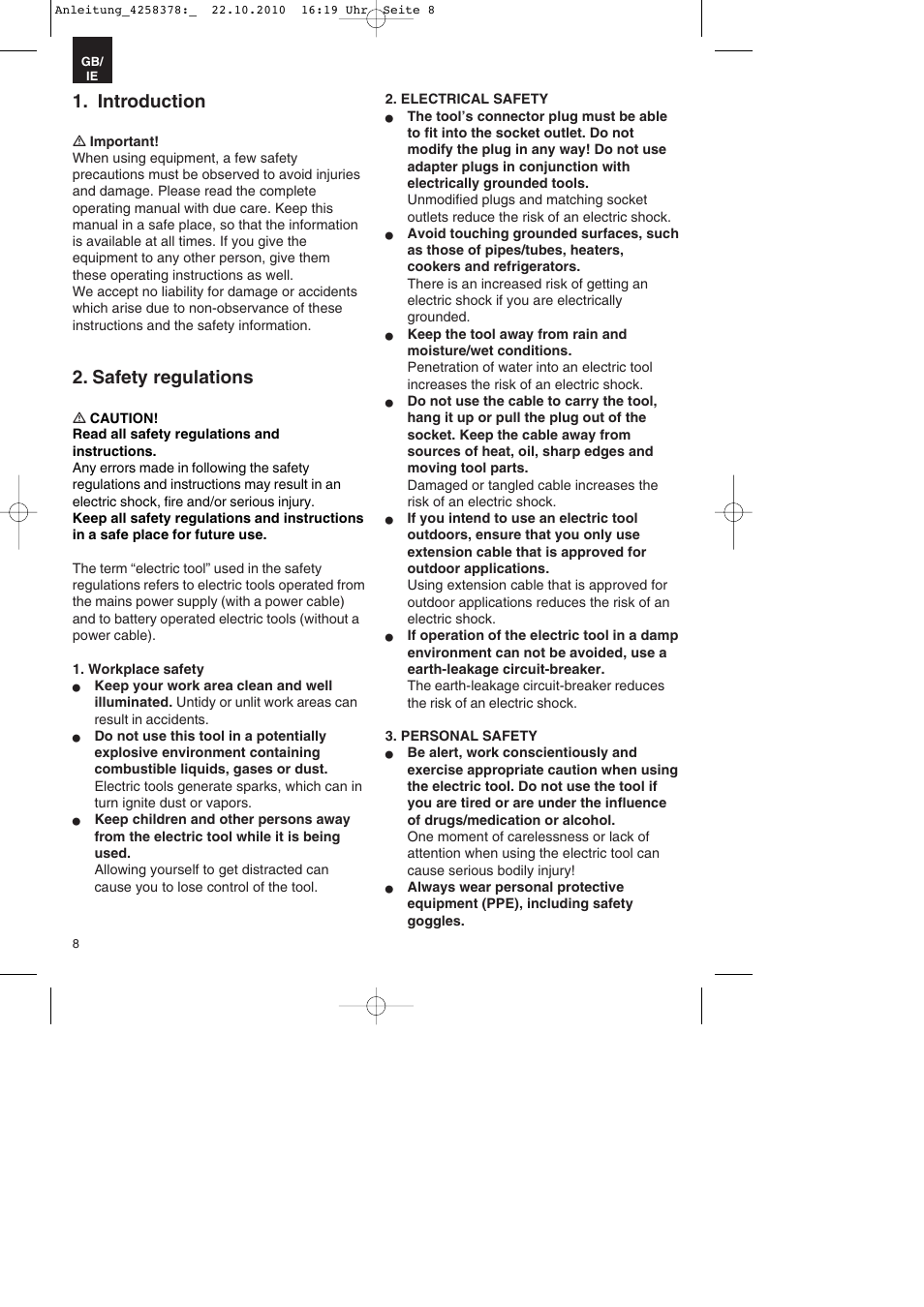 Introduction, Safety regulations | Parkside PBH 1100 A1 User Manual | Page 8 / 20