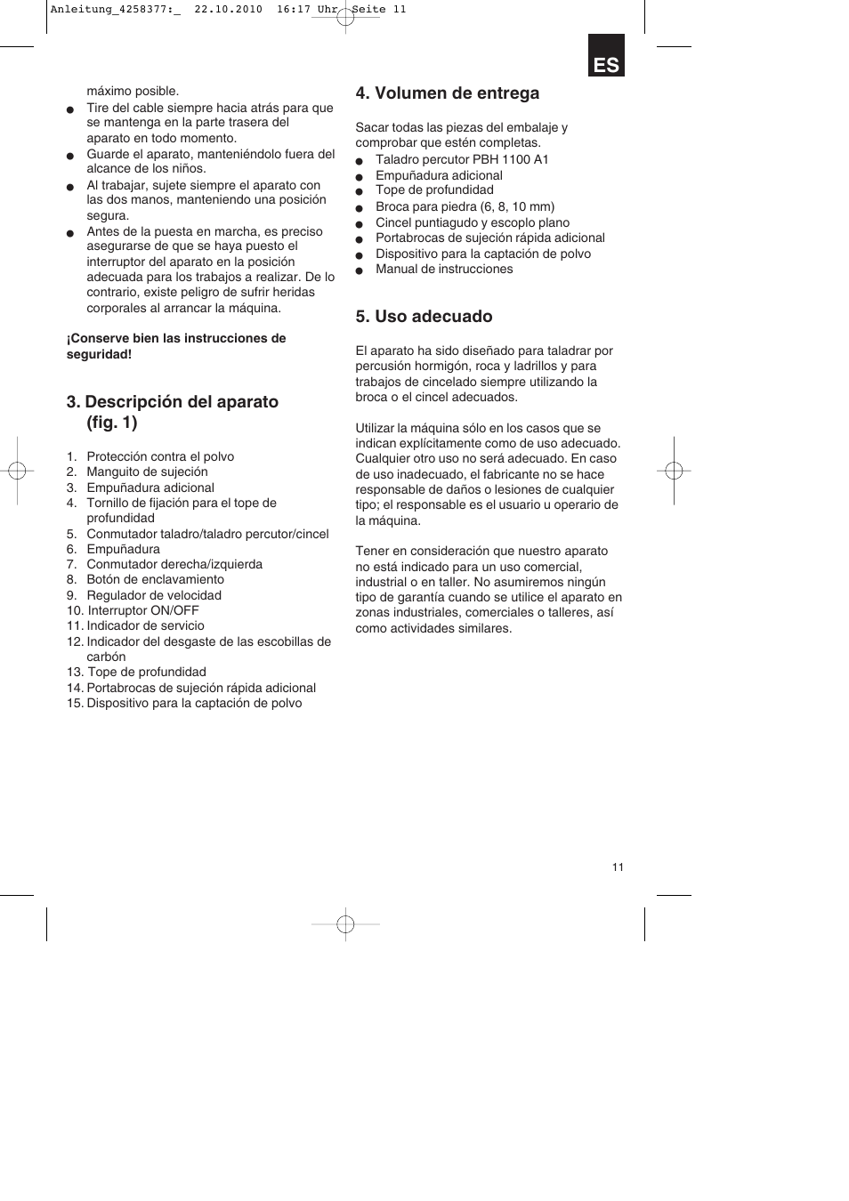 Descripción del aparato (fig. 1), Volumen de entrega, Uso adecuado | Parkside PBH 1100 A1 User Manual | Page 11 / 72