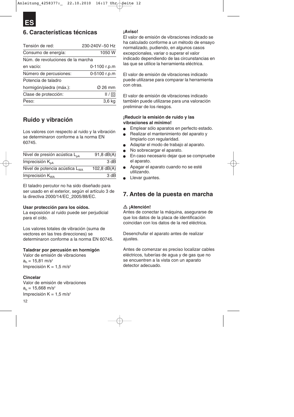 Características técnicas, Ruido y vibración, Antes de la puesta en marcha | Parkside PBH 1100 A1 User Manual | Page 12 / 72