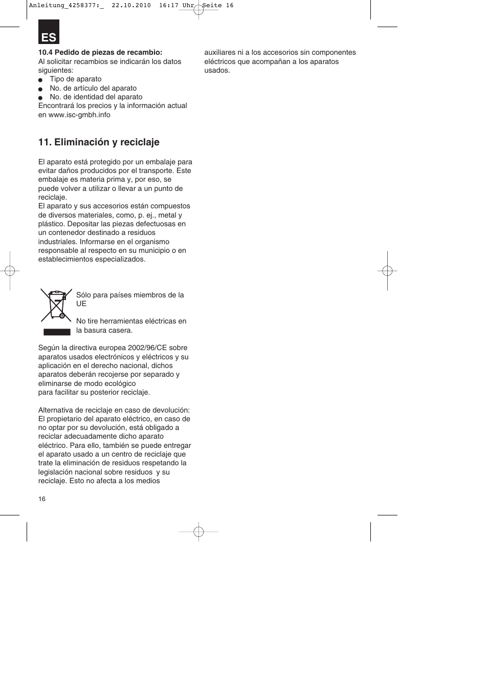 Eliminación y reciclaje | Parkside PBH 1100 A1 User Manual | Page 16 / 72