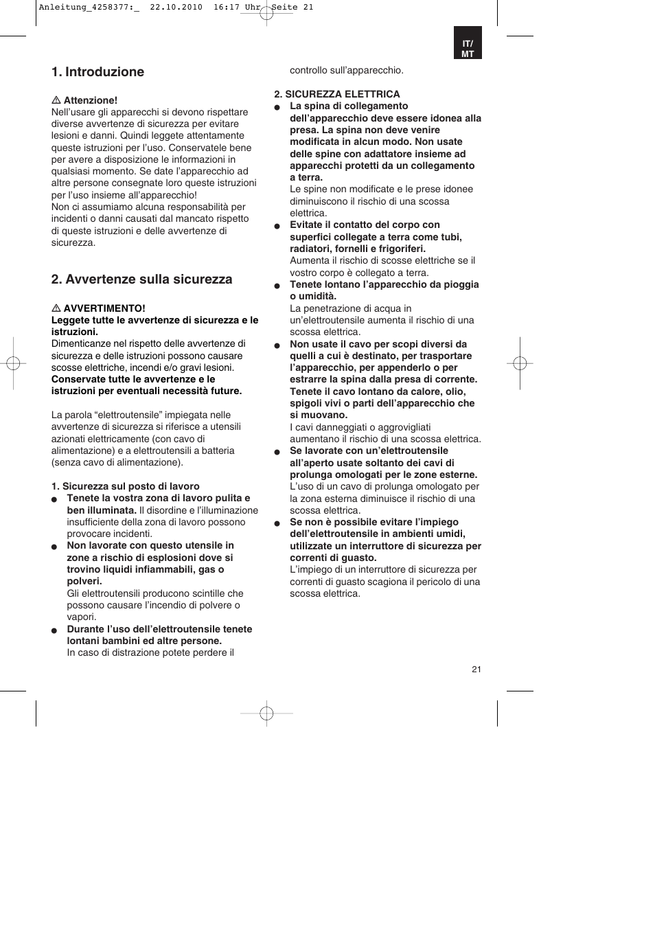 Introduzione, Avvertenze sulla sicurezza | Parkside PBH 1100 A1 User Manual | Page 21 / 72