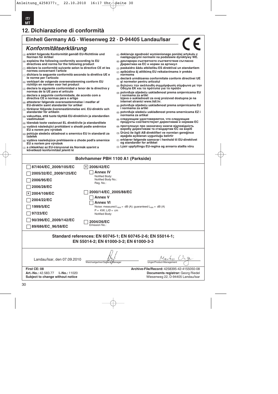 Dichiarazione di conformità, Konformitätserklärung | Parkside PBH 1100 A1 User Manual | Page 30 / 72