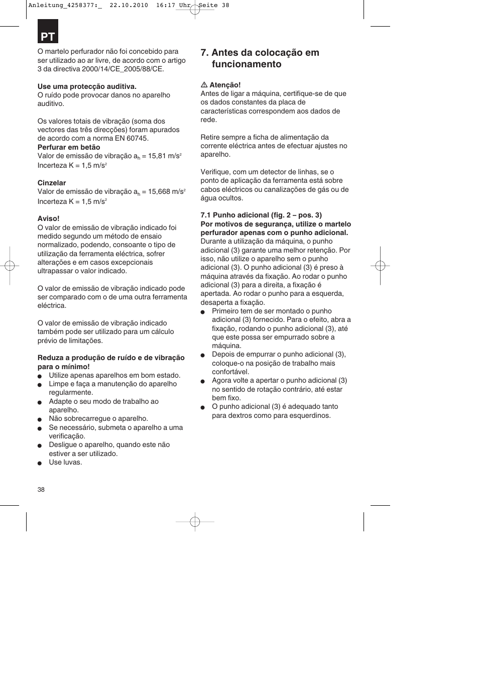 Antes da colocação em funcionamento | Parkside PBH 1100 A1 User Manual | Page 38 / 72