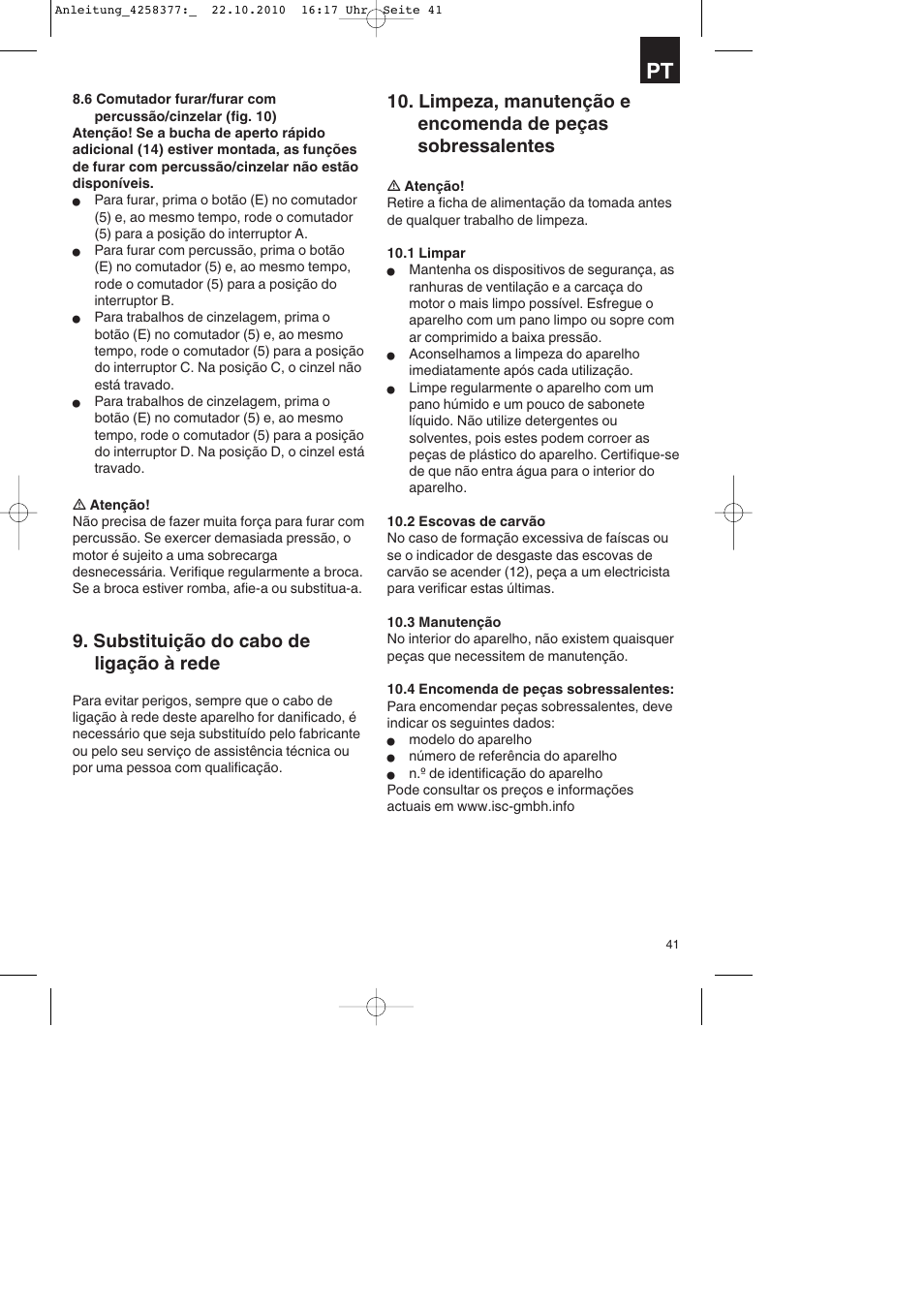 Substituição do cabo de ligação à rede | Parkside PBH 1100 A1 User Manual | Page 41 / 72