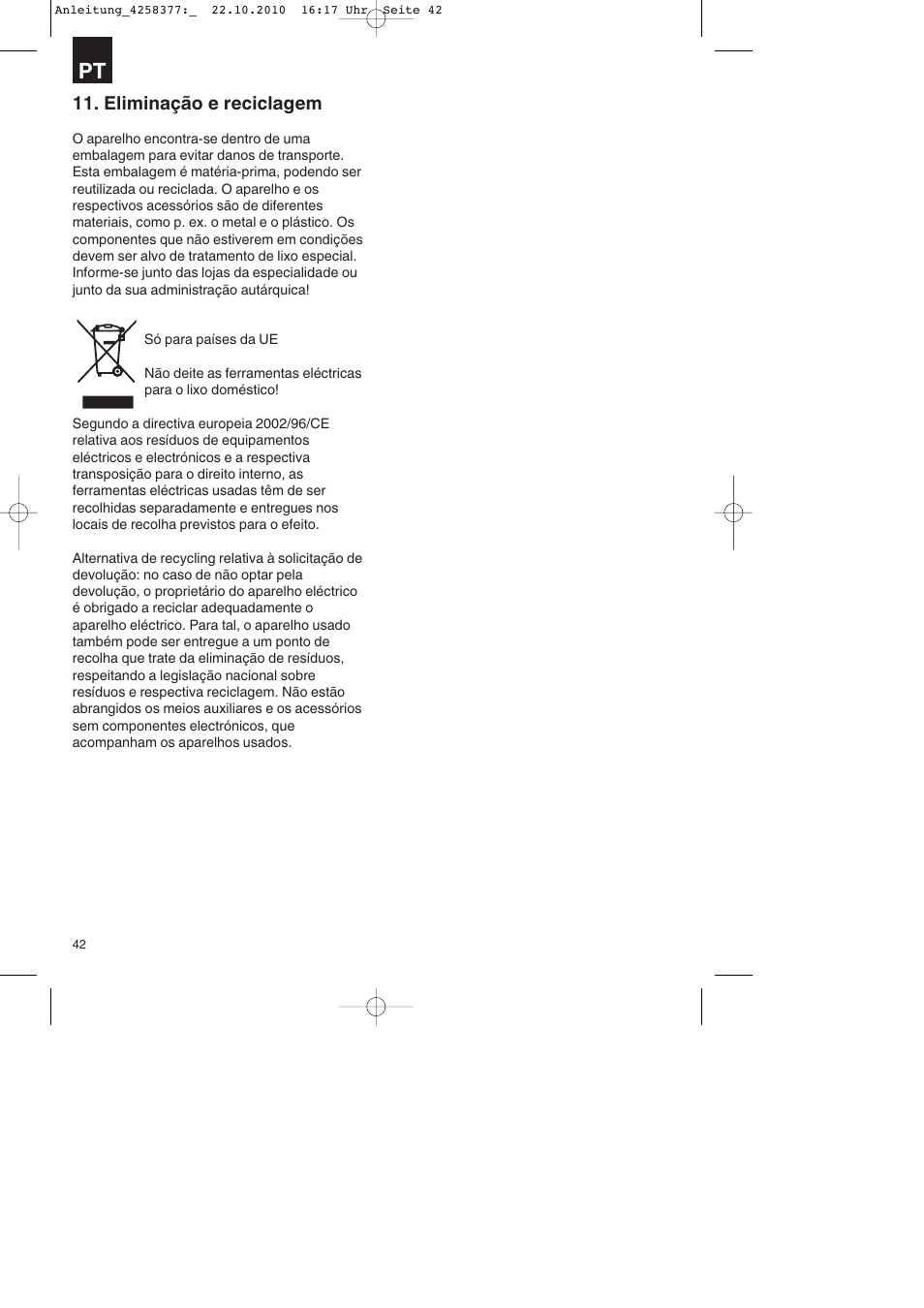 Eliminação e reciclagem | Parkside PBH 1100 A1 User Manual | Page 42 / 72