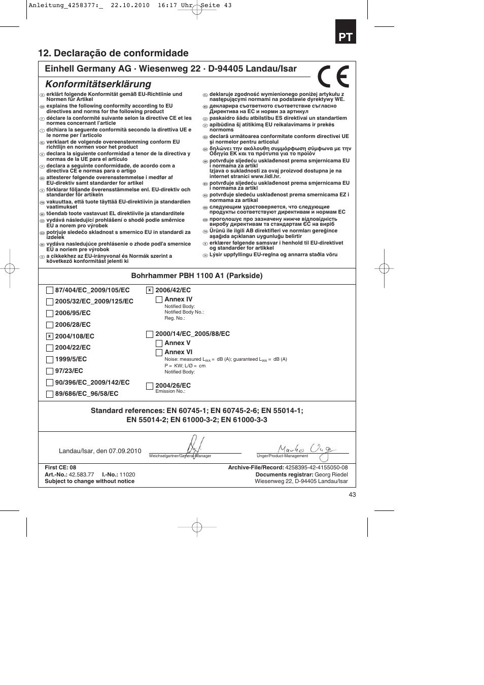 Declaração de conformidade, Konformitätserklärung | Parkside PBH 1100 A1 User Manual | Page 43 / 72