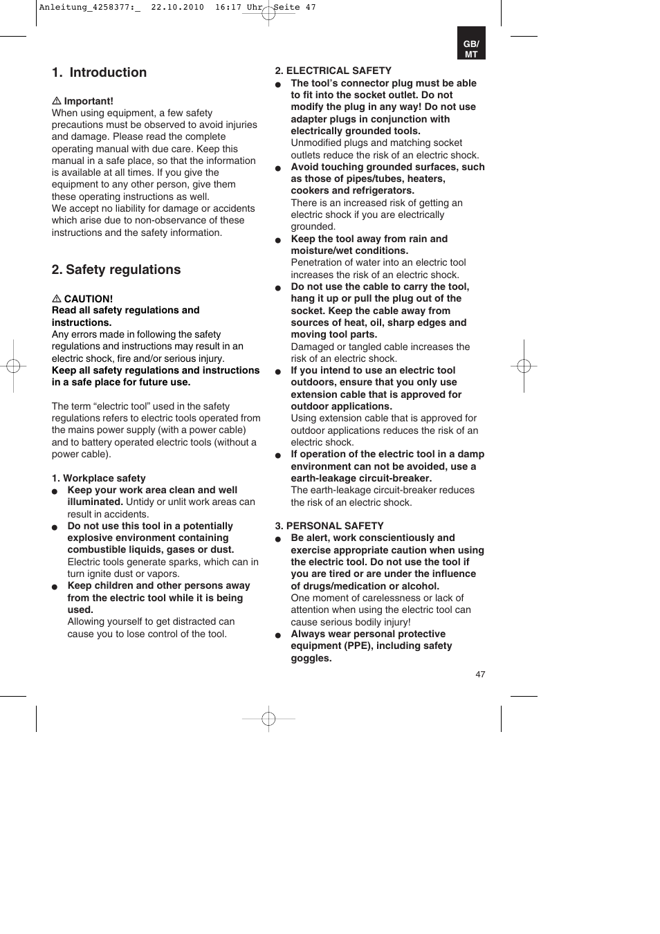 Introduction, Safety regulations | Parkside PBH 1100 A1 User Manual | Page 47 / 72