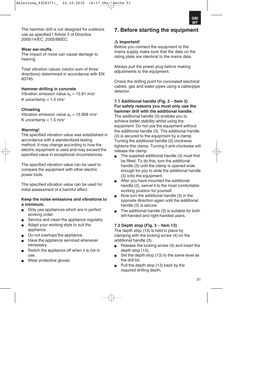 Before starting the equipment | Parkside PBH 1100 A1 User Manual | Page 51 / 72