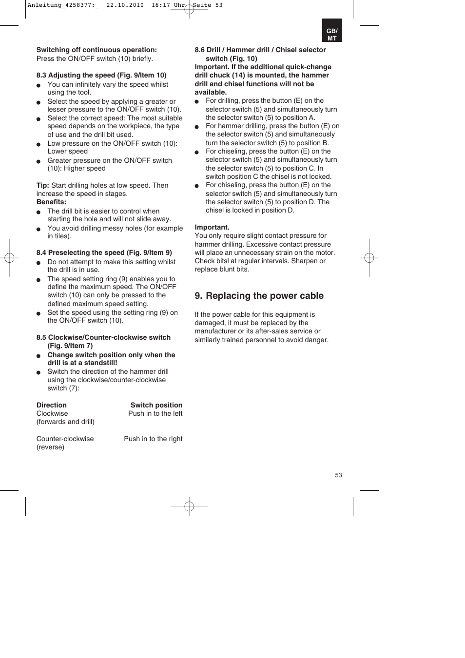 Replacing the power cable | Parkside PBH 1100 A1 User Manual | Page 53 / 72