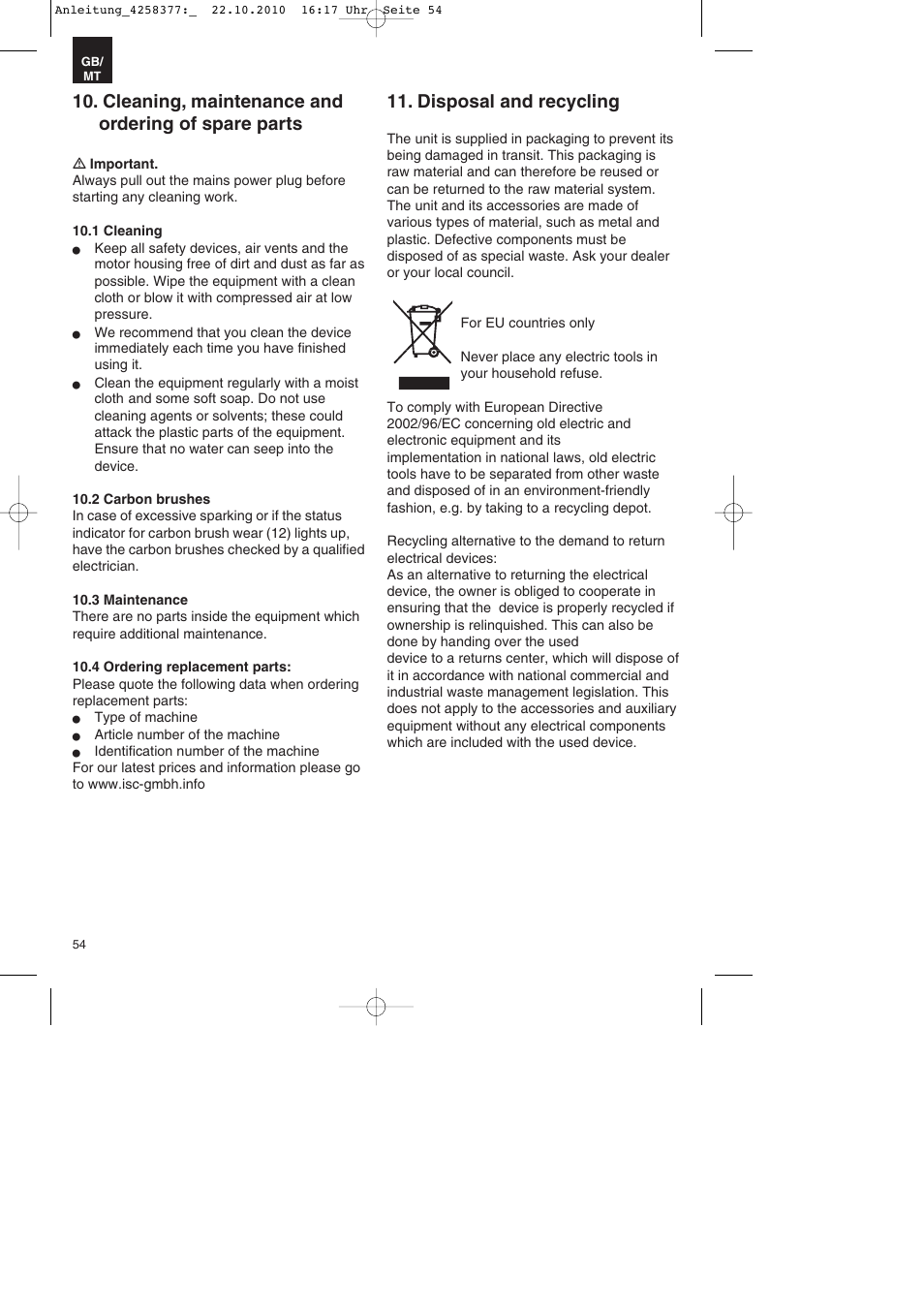 Cleaning, maintenance and ordering of spare parts, Disposal and recycling | Parkside PBH 1100 A1 User Manual | Page 54 / 72