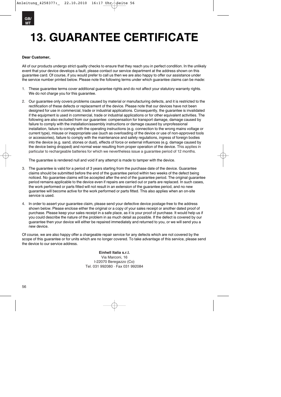 Guarantee certificate | Parkside PBH 1100 A1 User Manual | Page 56 / 72
