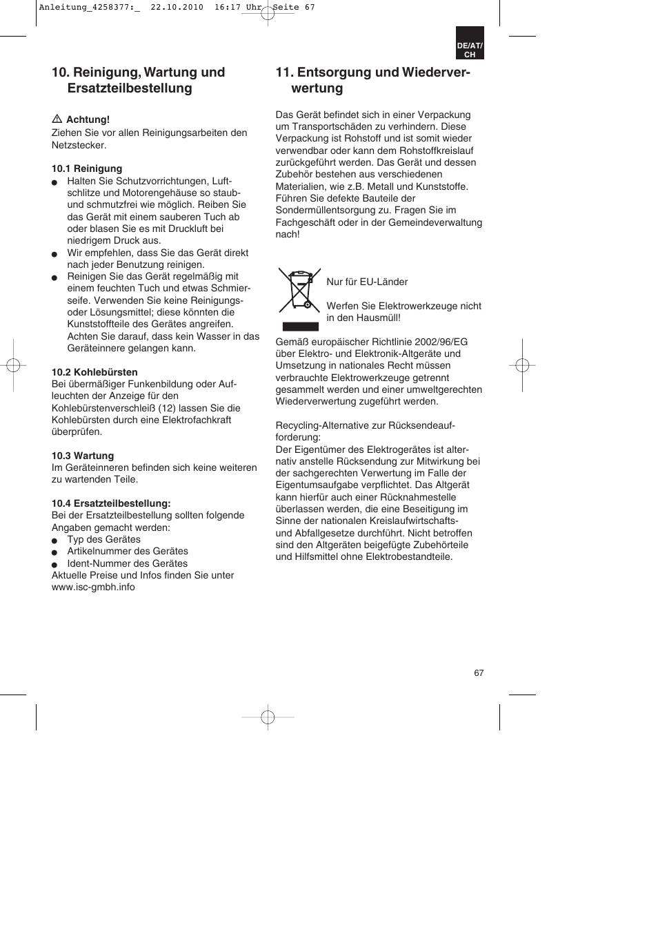 Reinigung, wartung und ersatzteilbestellung, Entsorgung und wiederver- wertung | Parkside PBH 1100 A1 User Manual | Page 67 / 72