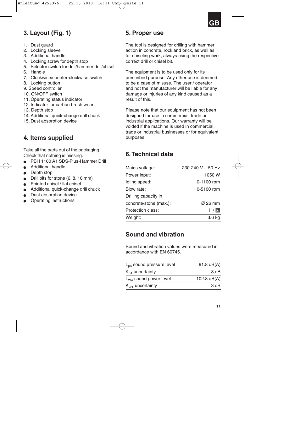 Layout (fig. 1), Items supplied, Proper use | Technical data, Sound and vibration | Parkside PBH 1100 A1 User Manual | Page 11 / 96