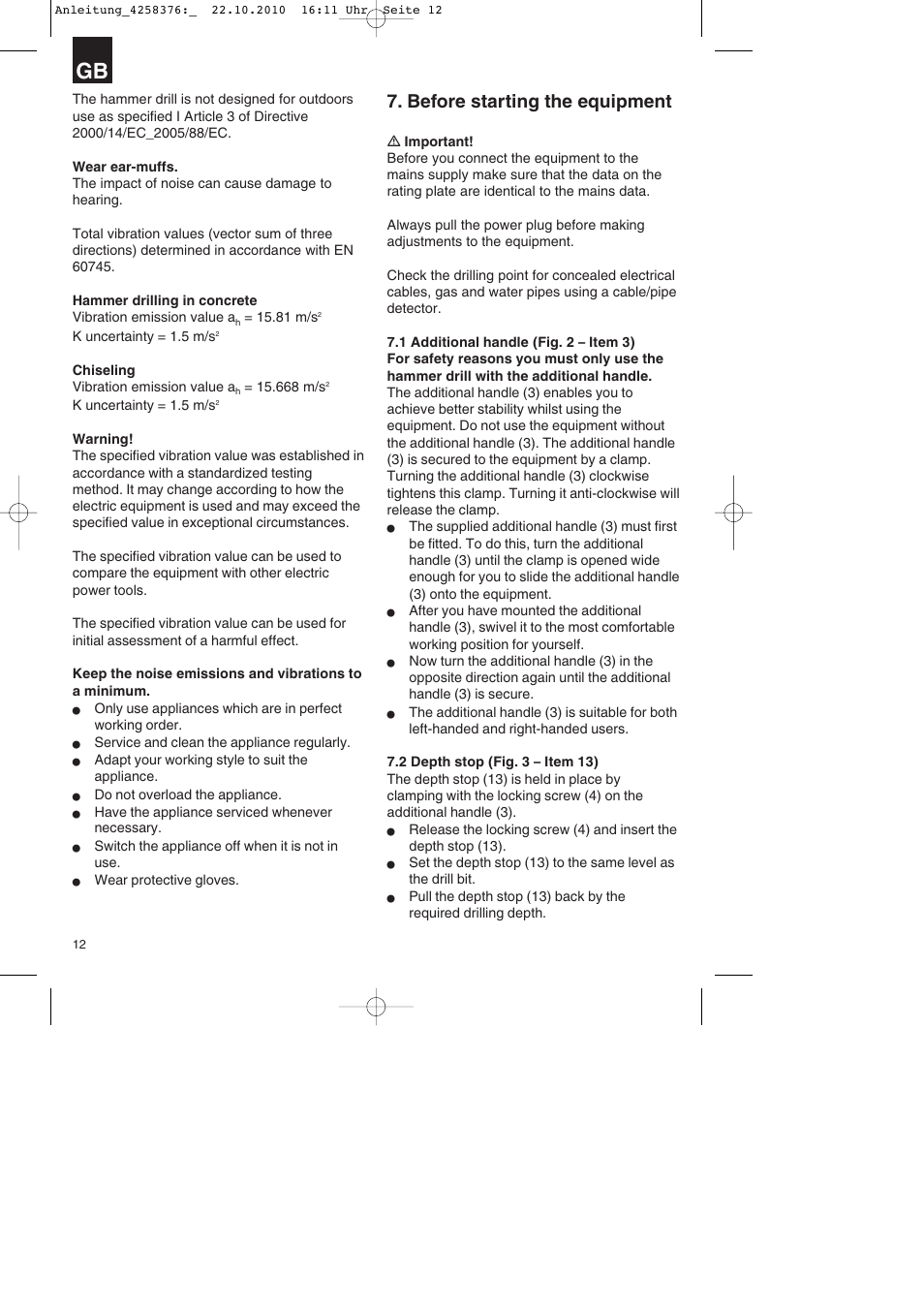 Before starting the equipment | Parkside PBH 1100 A1 User Manual | Page 12 / 96