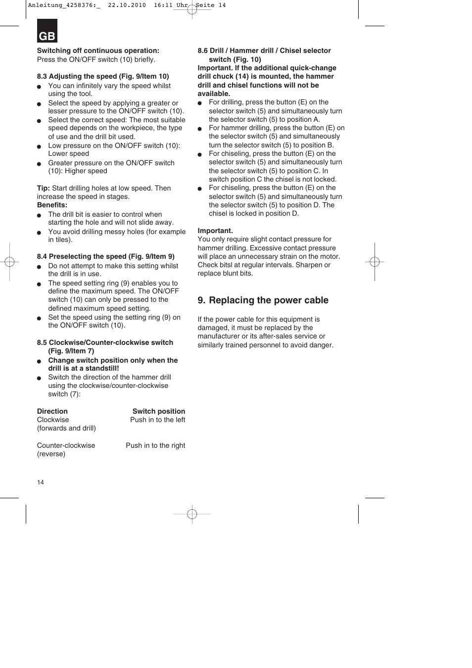Replacing the power cable | Parkside PBH 1100 A1 User Manual | Page 14 / 96