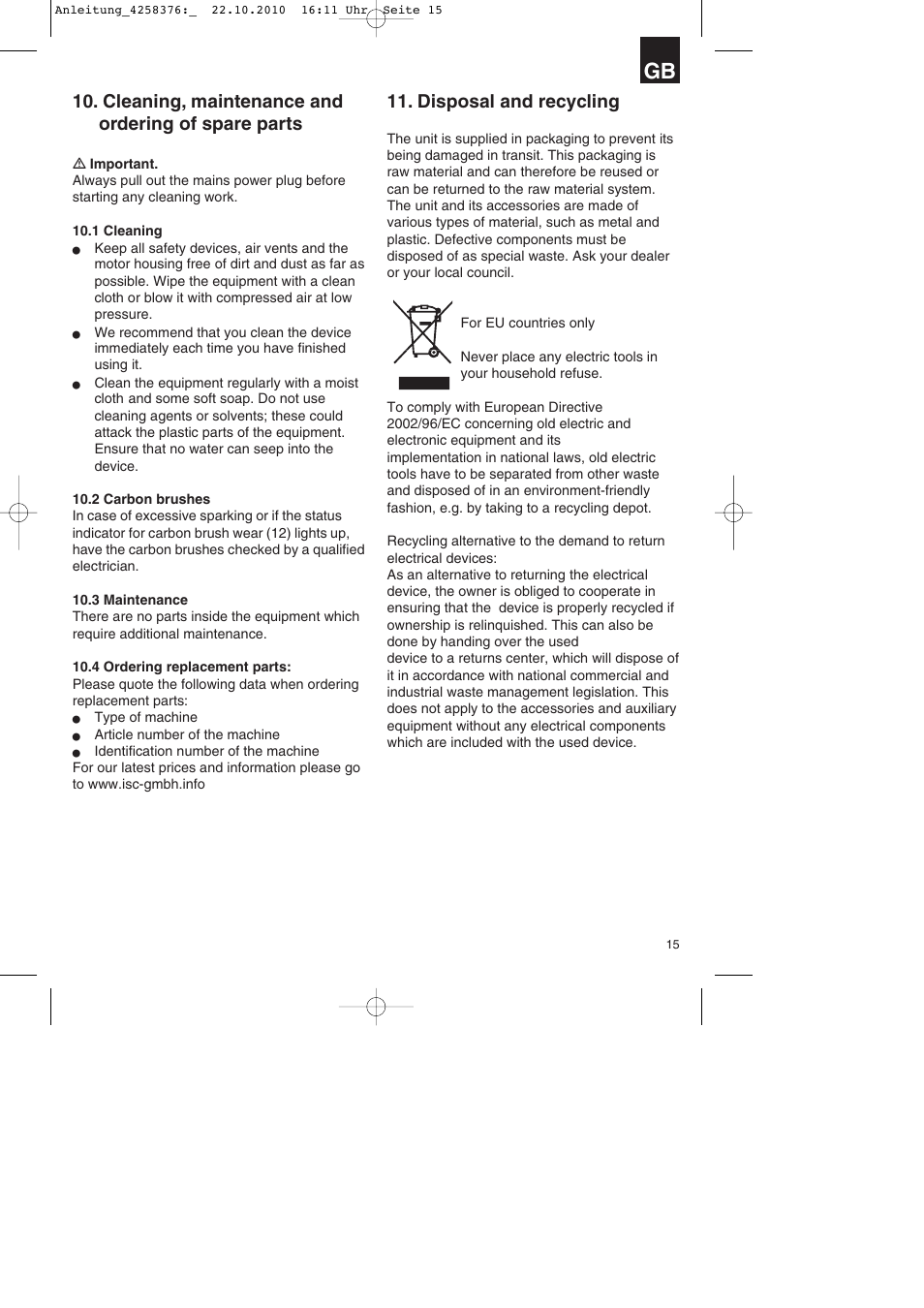 Cleaning, maintenance and ordering of spare parts, Disposal and recycling | Parkside PBH 1100 A1 User Manual | Page 15 / 96