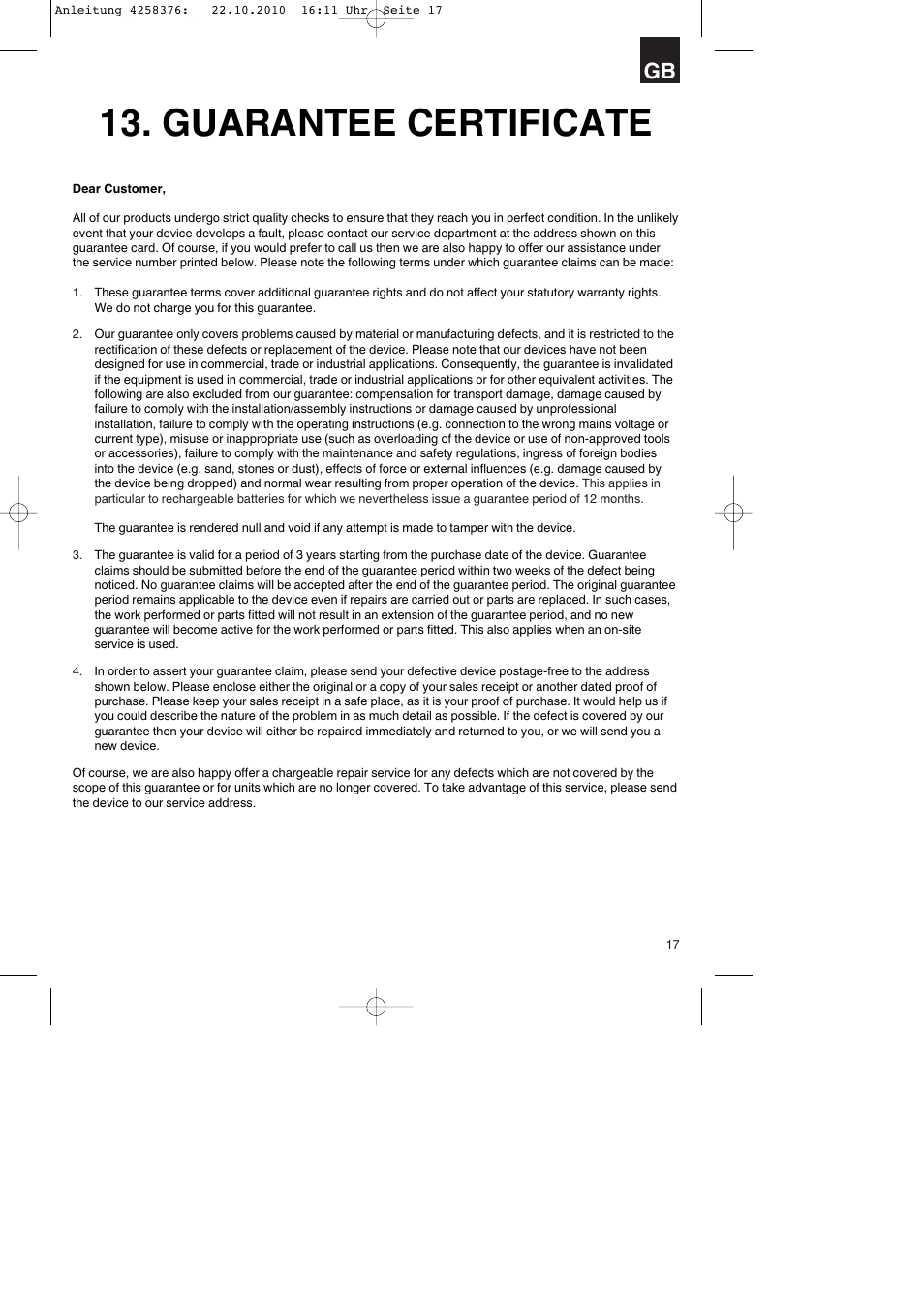 Guarantee certificate | Parkside PBH 1100 A1 User Manual | Page 17 / 96
