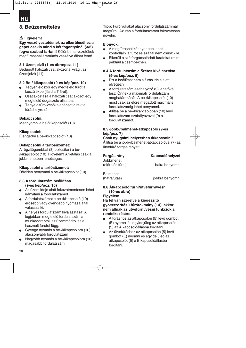 Beüzemeltetés | Parkside PBH 1100 A1 User Manual | Page 26 / 96