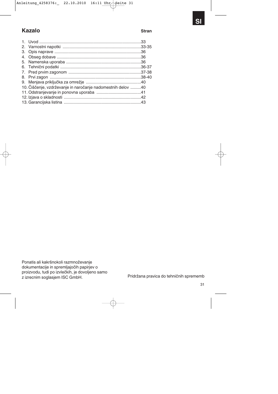 Kazalo | Parkside PBH 1100 A1 User Manual | Page 31 / 96