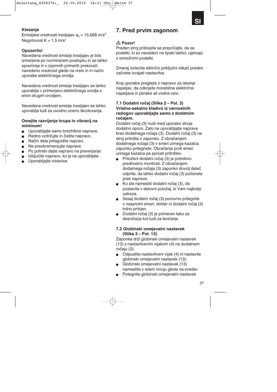 Pred prvim zagonom | Parkside PBH 1100 A1 User Manual | Page 37 / 96