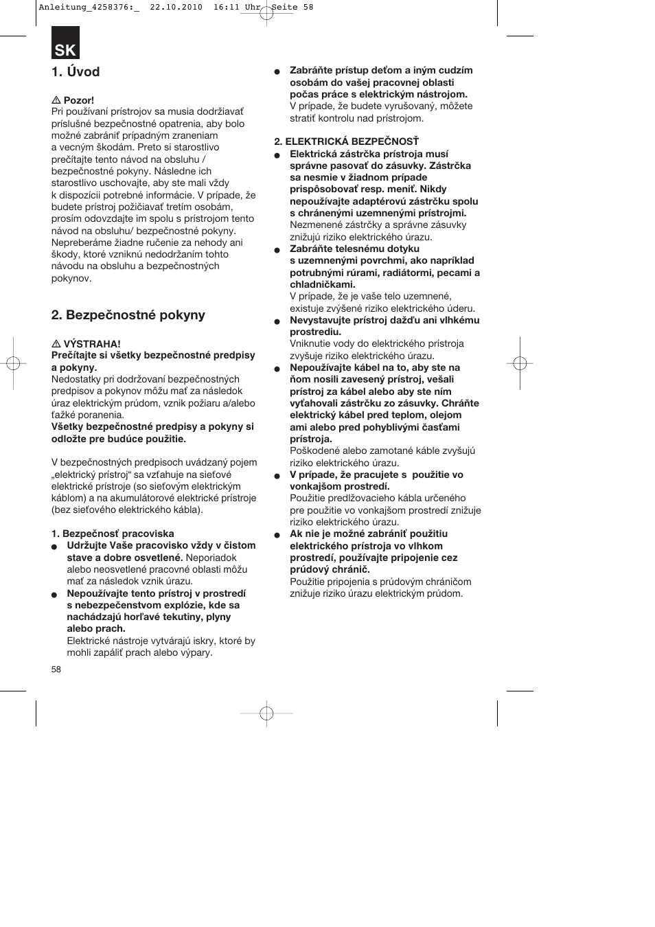 Úvod, Bezpečnostné pokyny | Parkside PBH 1100 A1 User Manual | Page 58 / 96