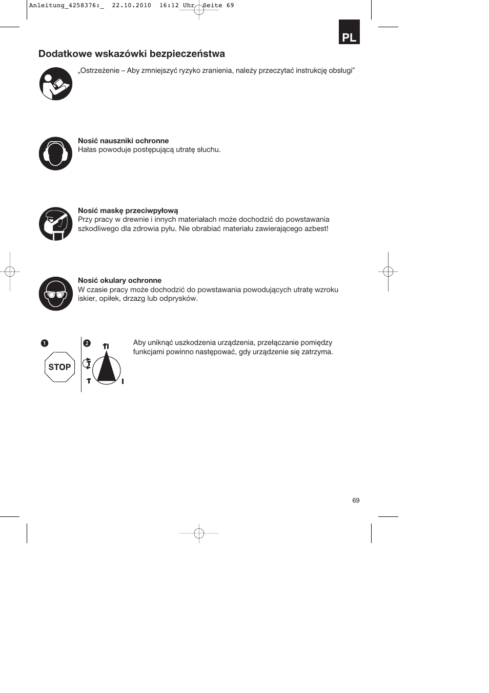 Dodatkowe wskazówki bezpieczeństwa | Parkside PBH 1100 A1 User Manual | Page 69 / 96