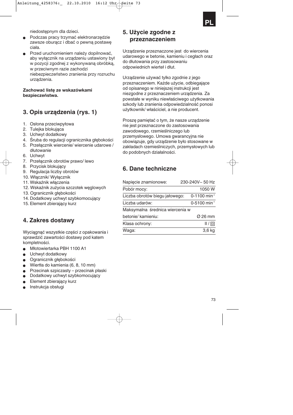 Opis urządzenia (rys. 1), Zakres dostawy, Użycie zgodne z przeznaczeniem | Dane techniczne | Parkside PBH 1100 A1 User Manual | Page 73 / 96