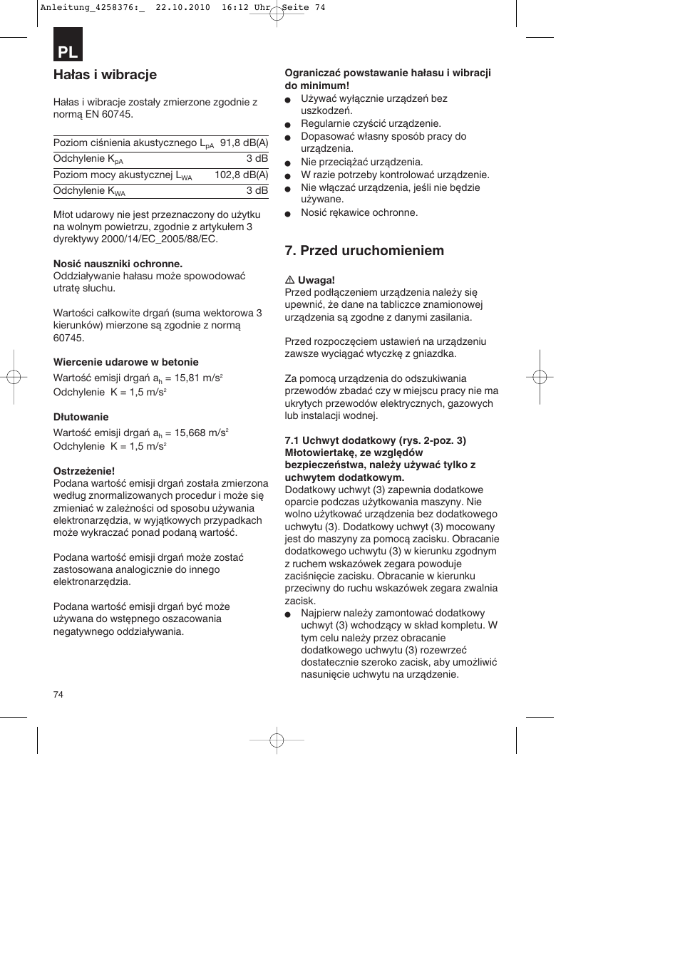 Hałas i wibracje, Przed uruchomieniem | Parkside PBH 1100 A1 User Manual | Page 74 / 96