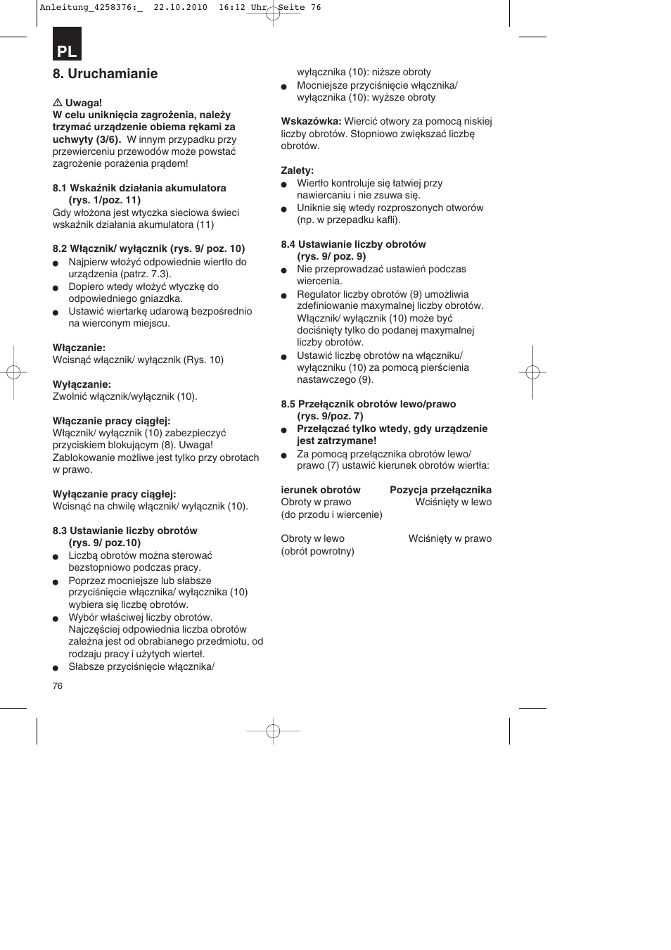 Uruchamianie | Parkside PBH 1100 A1 User Manual | Page 76 / 96