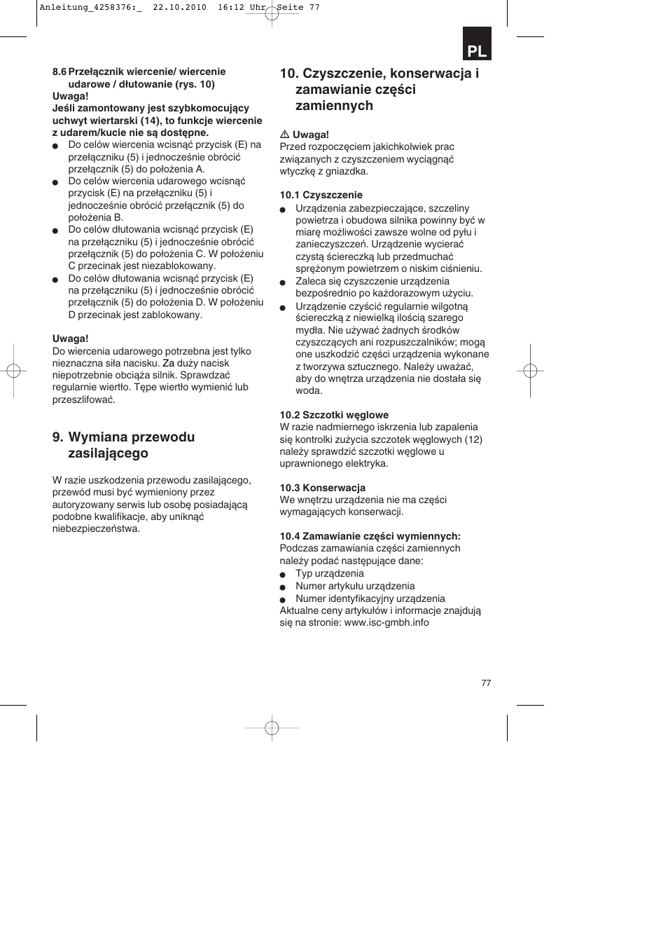 Wymiana przewodu zasilającego | Parkside PBH 1100 A1 User Manual | Page 77 / 96