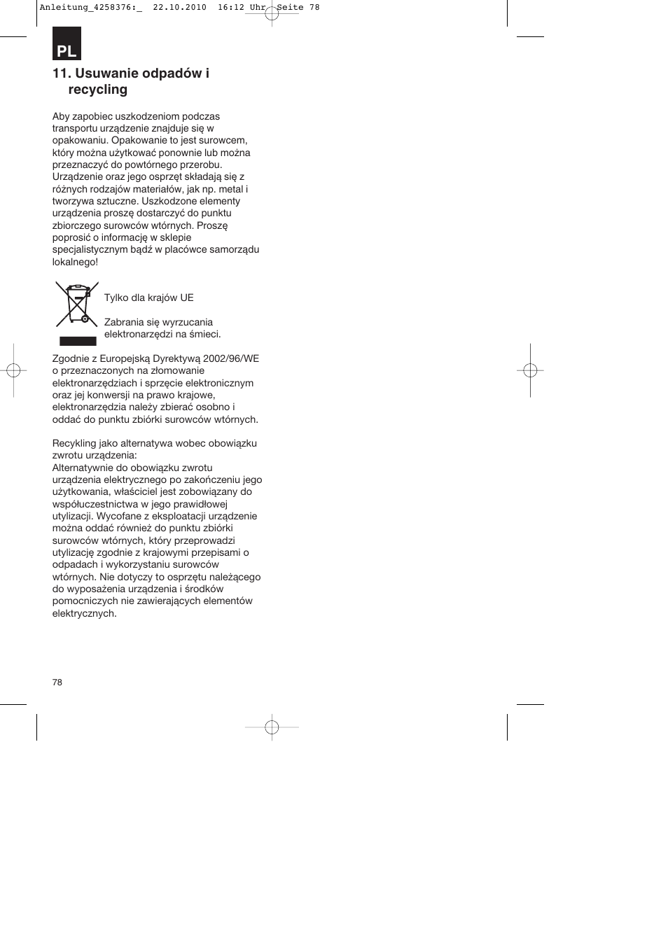 Usuwanie odpadów i recycling | Parkside PBH 1100 A1 User Manual | Page 78 / 96