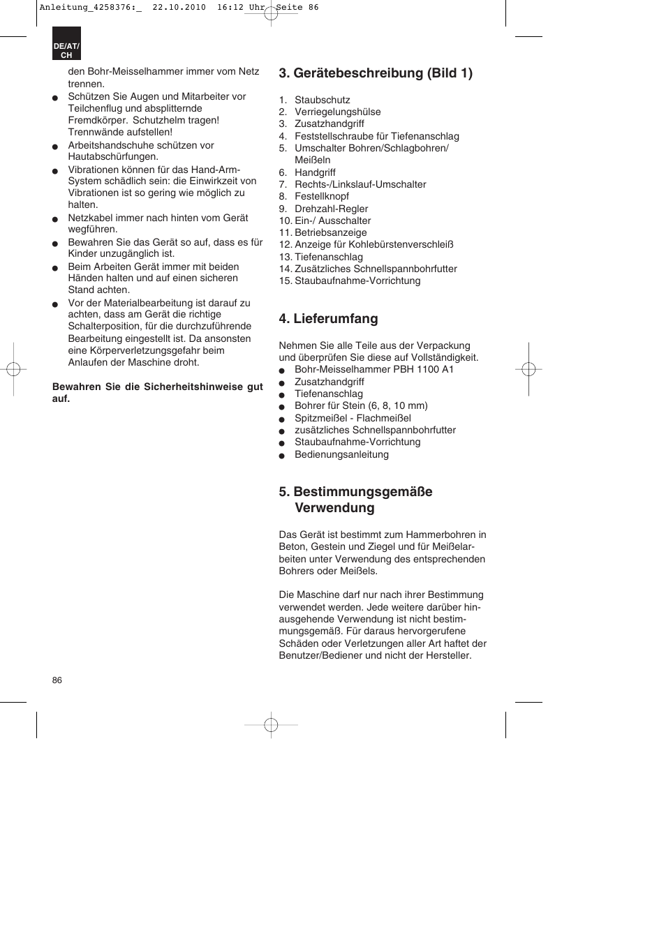 Gerätebeschreibung (bild 1), Lieferumfang, Bestimmungsgemäße verwendung | Parkside PBH 1100 A1 User Manual | Page 86 / 96
