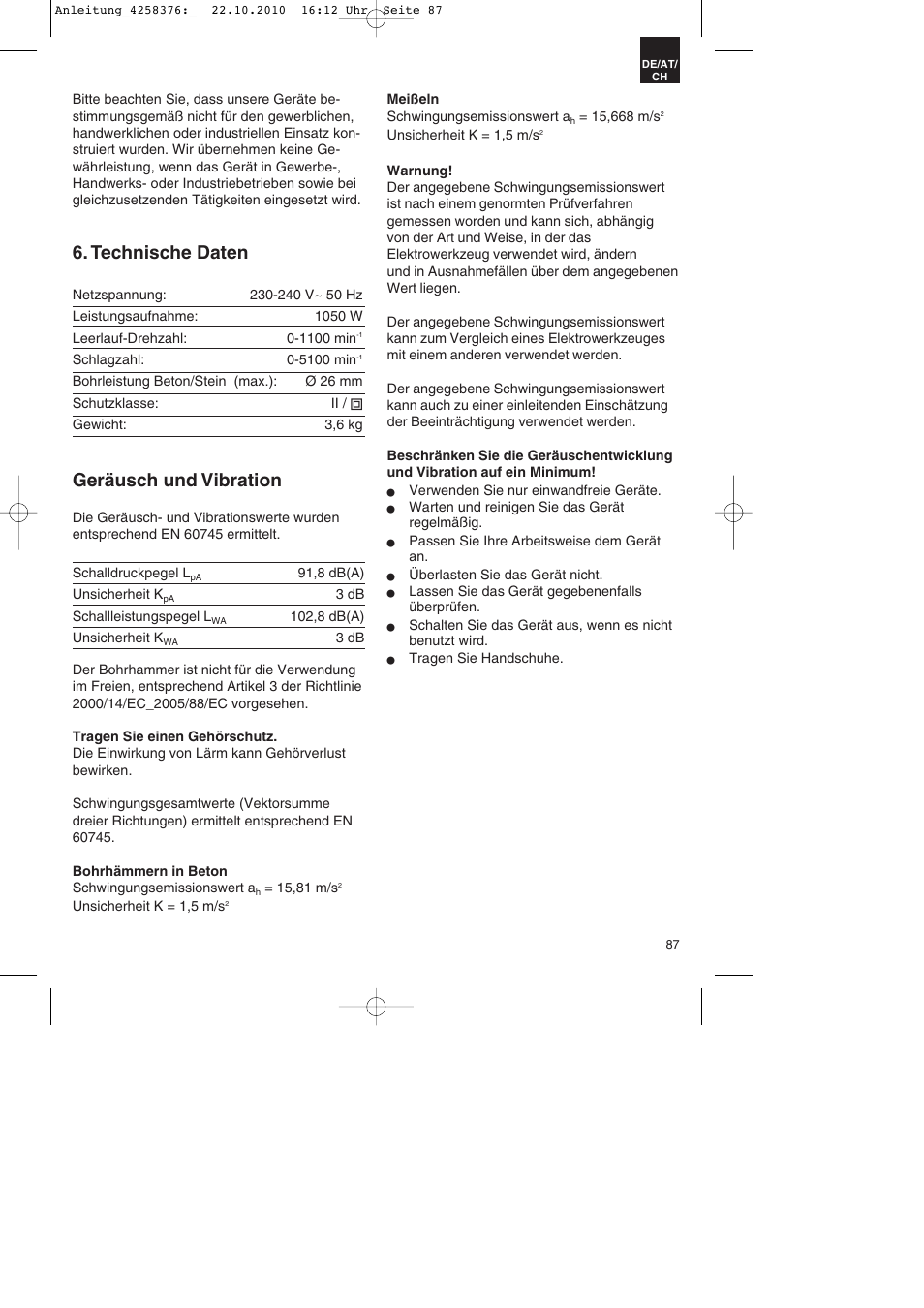 Technische daten, Geräusch und vibration | Parkside PBH 1100 A1 User Manual | Page 87 / 96