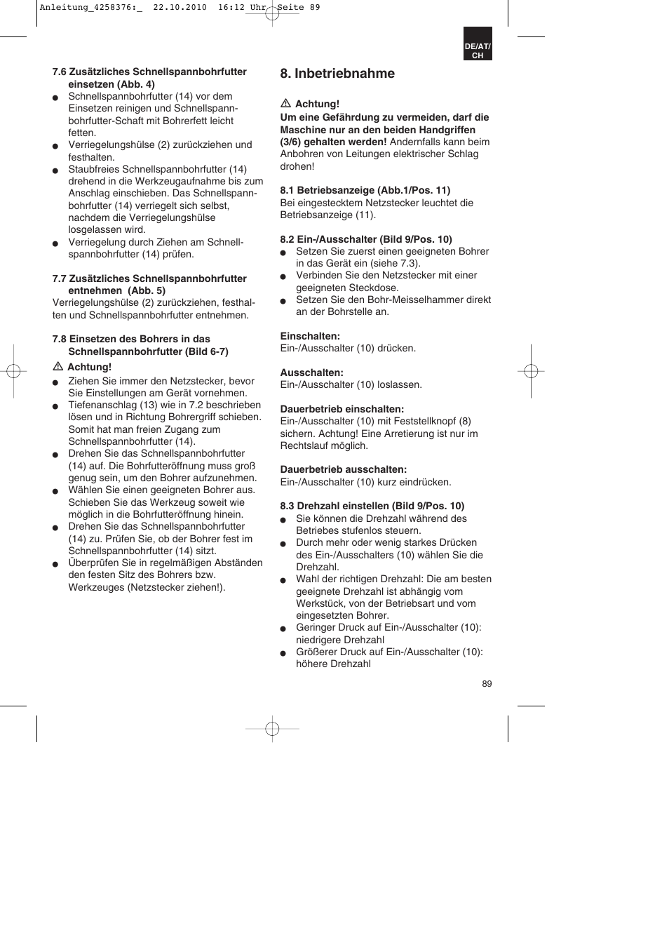 Inbetriebnahme | Parkside PBH 1100 A1 User Manual | Page 89 / 96