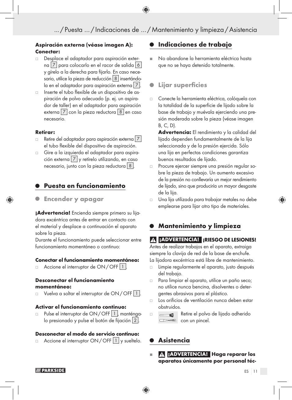 Puesta en funcionamiento, Encender y apagar, Indicaciones de trabajo | Lijar superficies, Mantenimiento y limpieza, Asistencia | Parkside PEXS 270 A1 User Manual | Page 10 / 51