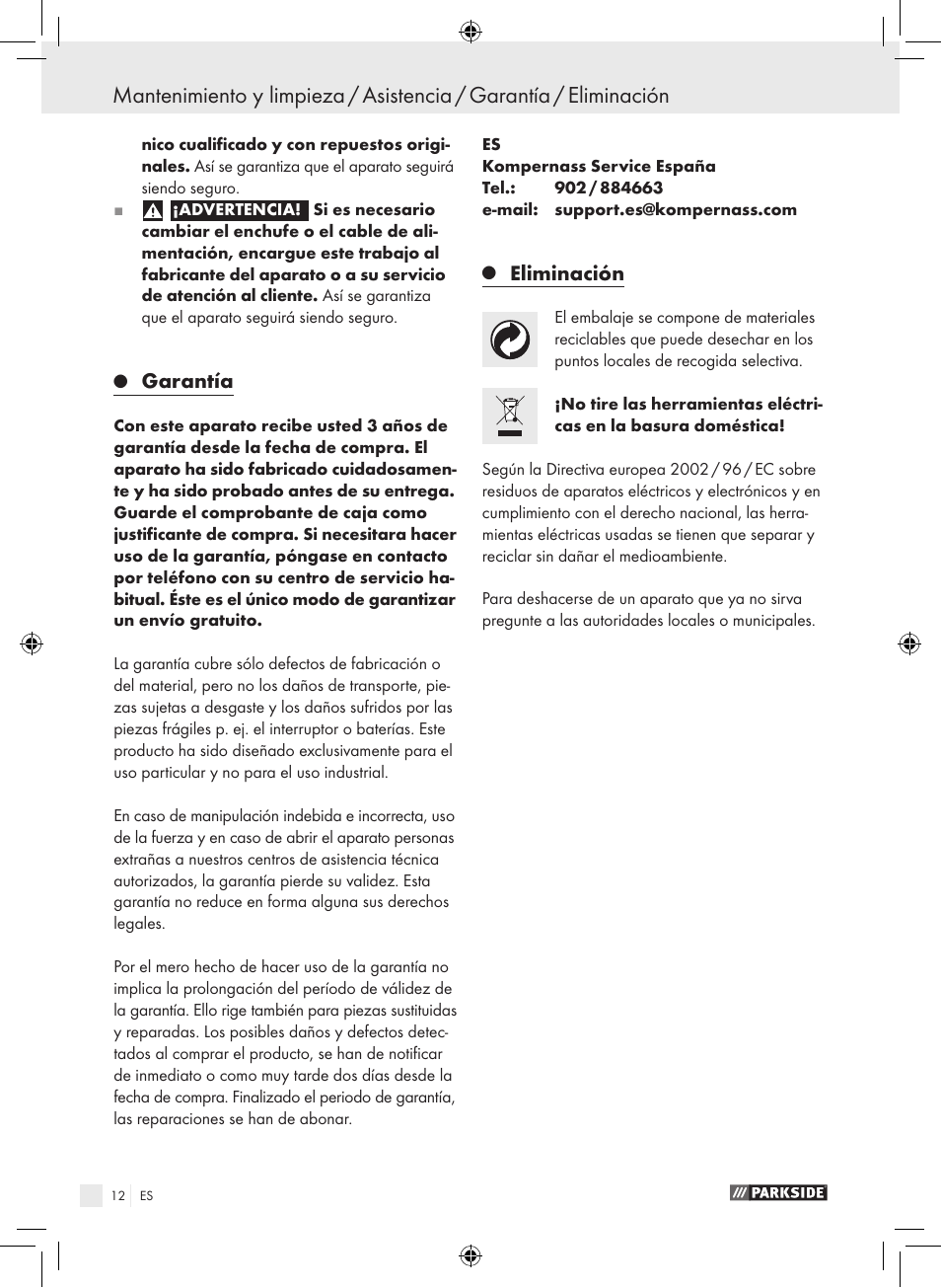 Garantía, Eliminación | Parkside PEXS 270 A1 User Manual | Page 11 / 51