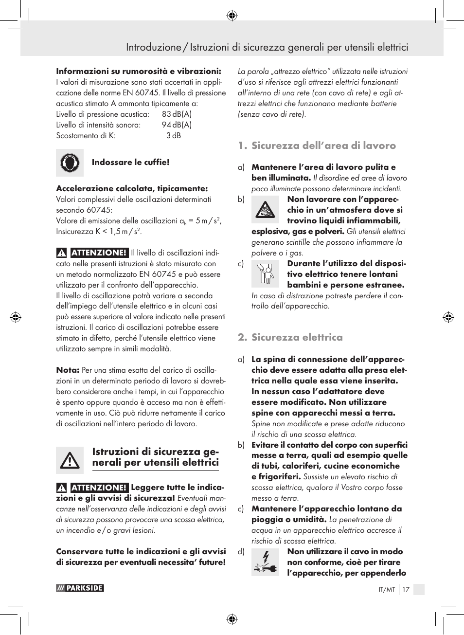 Sicurezza dell’area di lavoro, Sicurezza elettrica | Parkside PEXS 270 A1 User Manual | Page 16 / 51