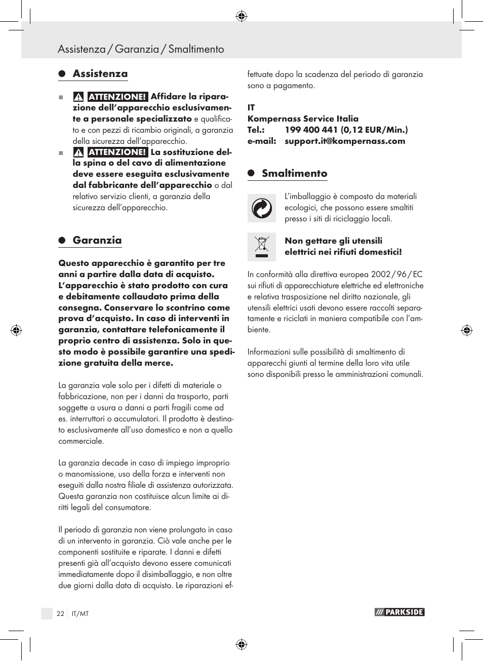 Assistenza / garanzia / smaltimento, Assistenza, Garanzia | Smaltimento | Parkside PEXS 270 A1 User Manual | Page 21 / 51
