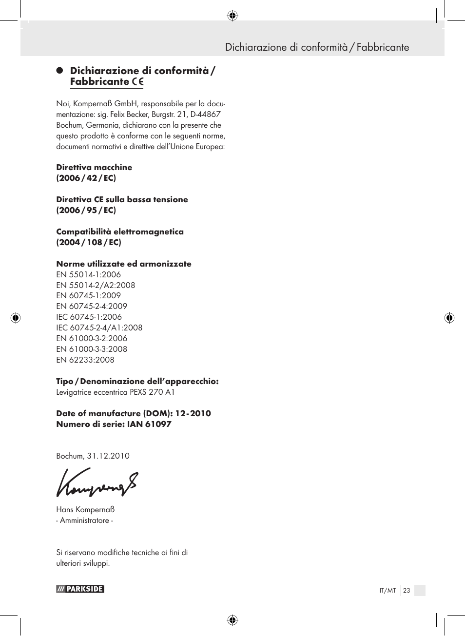 Dichiarazione di conformità / fabbricante | Parkside PEXS 270 A1 User Manual | Page 22 / 51