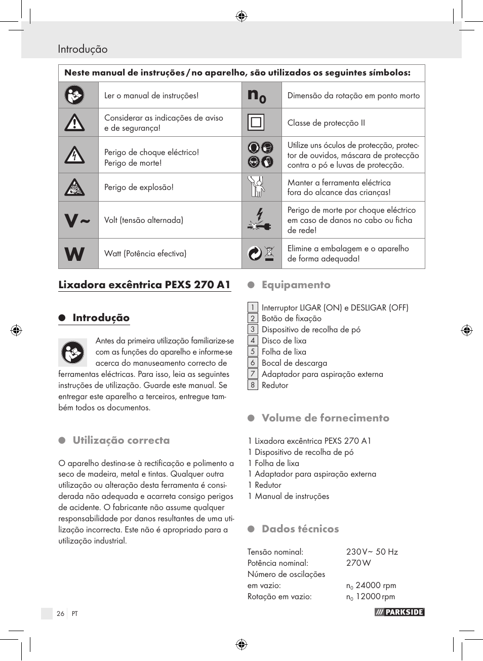 Introdução, Lixadora excêntrica pexs 270 a1, Utilização correcta | Equipamento, Volume de fornecimento, Dados técnicos | Parkside PEXS 270 A1 User Manual | Page 25 / 51